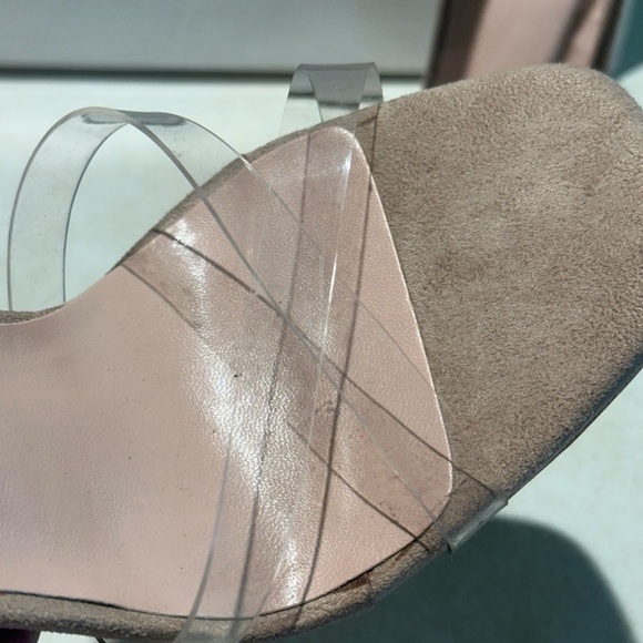 ACATA SZ 6 Rhinestone Straps Clear Open Toe Tan  Suede High Heel Shoes Zip Back - Picture 4 of 8